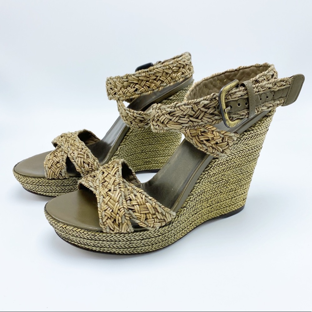 Stuart Weitzman Size 6 /36 Brown & Green Braided Leather Wrap Wedge Sandals EUC